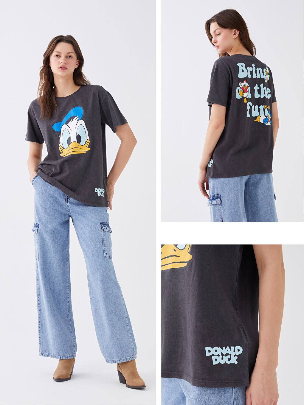 Antrasit Kadın Bisiklet Yaka Donald Duck Baskılı Tişört