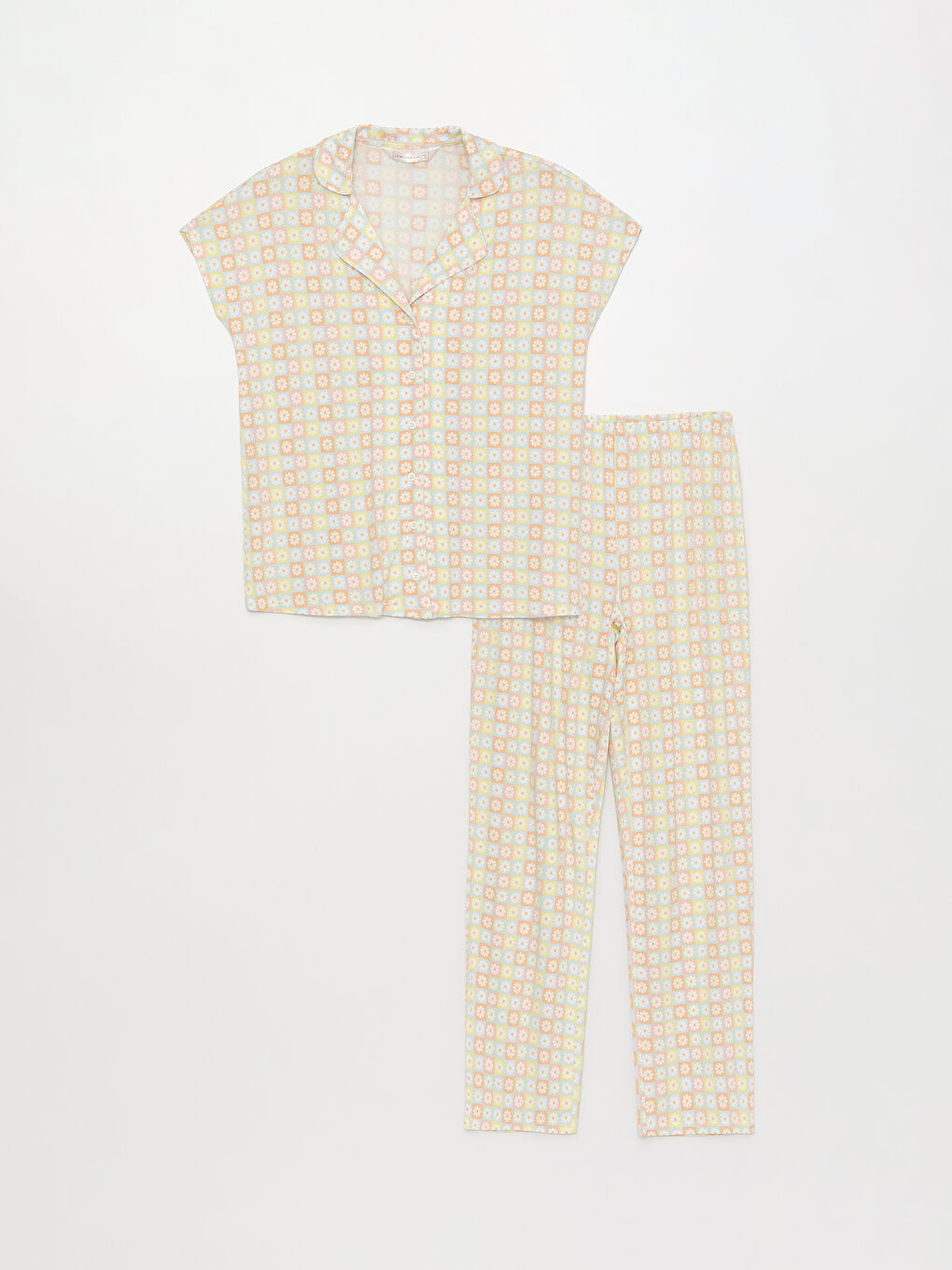 طقم بيجامة ياقة القميص منقوش كم قصير للسيدات-5