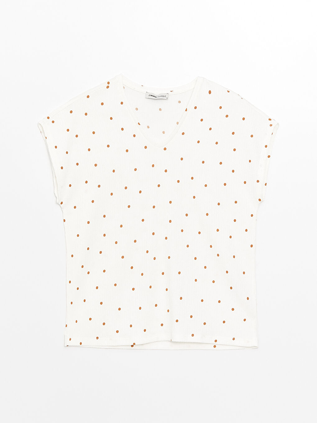 Ekru V Yaka Puantiyeli Kısa Kollu Kadın Tişört-5