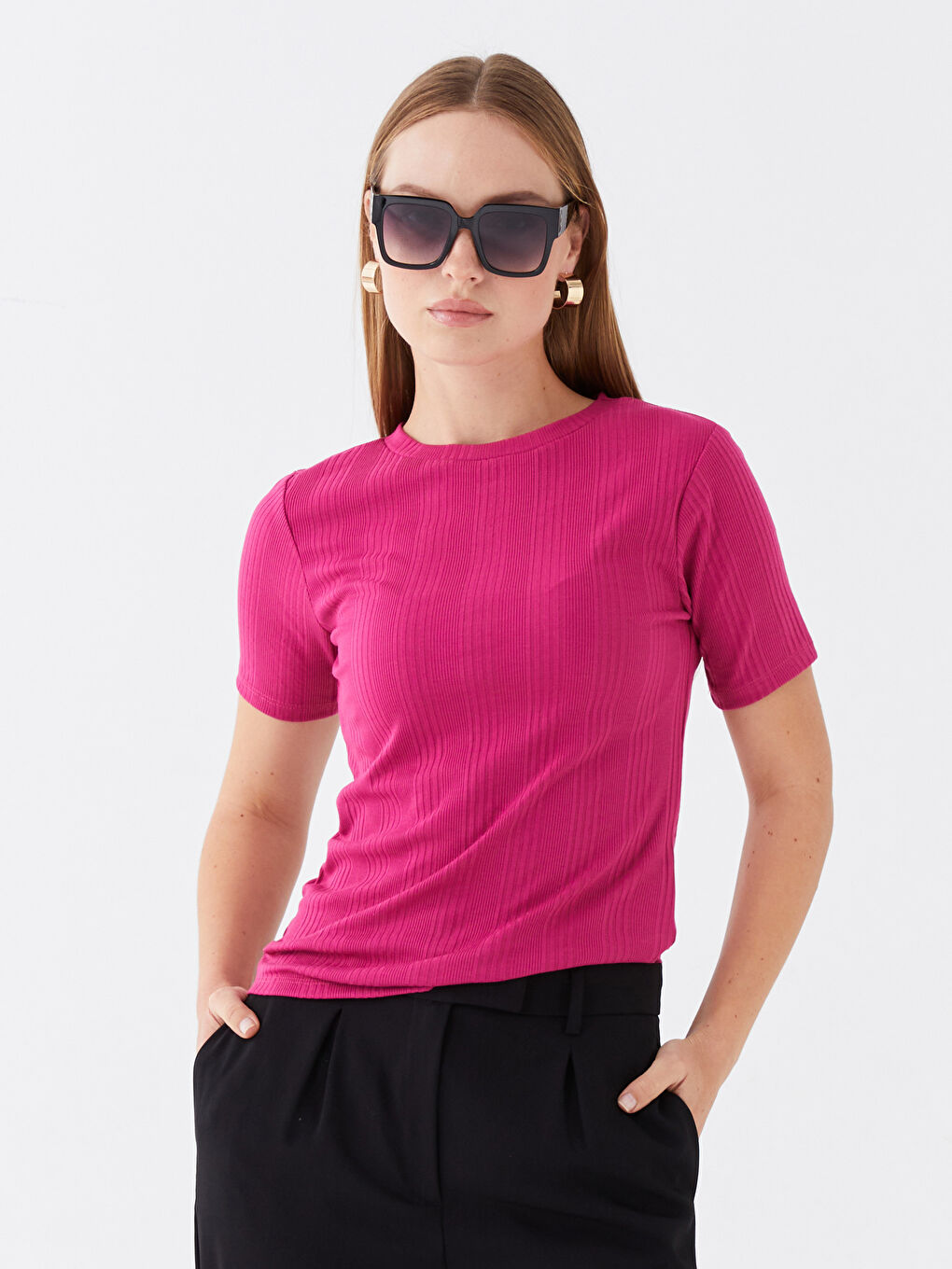 LCWAIKIKI Classic Crew Neck Self-Patterned Short Sleeve Women's T-Shirt -S3FD80Z8-GZN