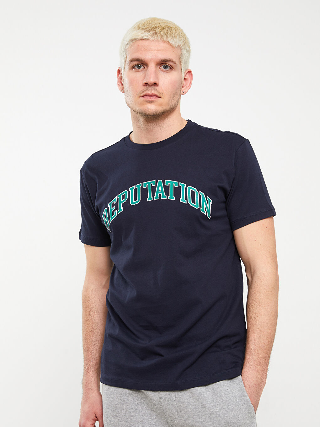 Lacivert Bisiklet Yaka Kısa Kollu Baskılı Penye Erkek Tişört