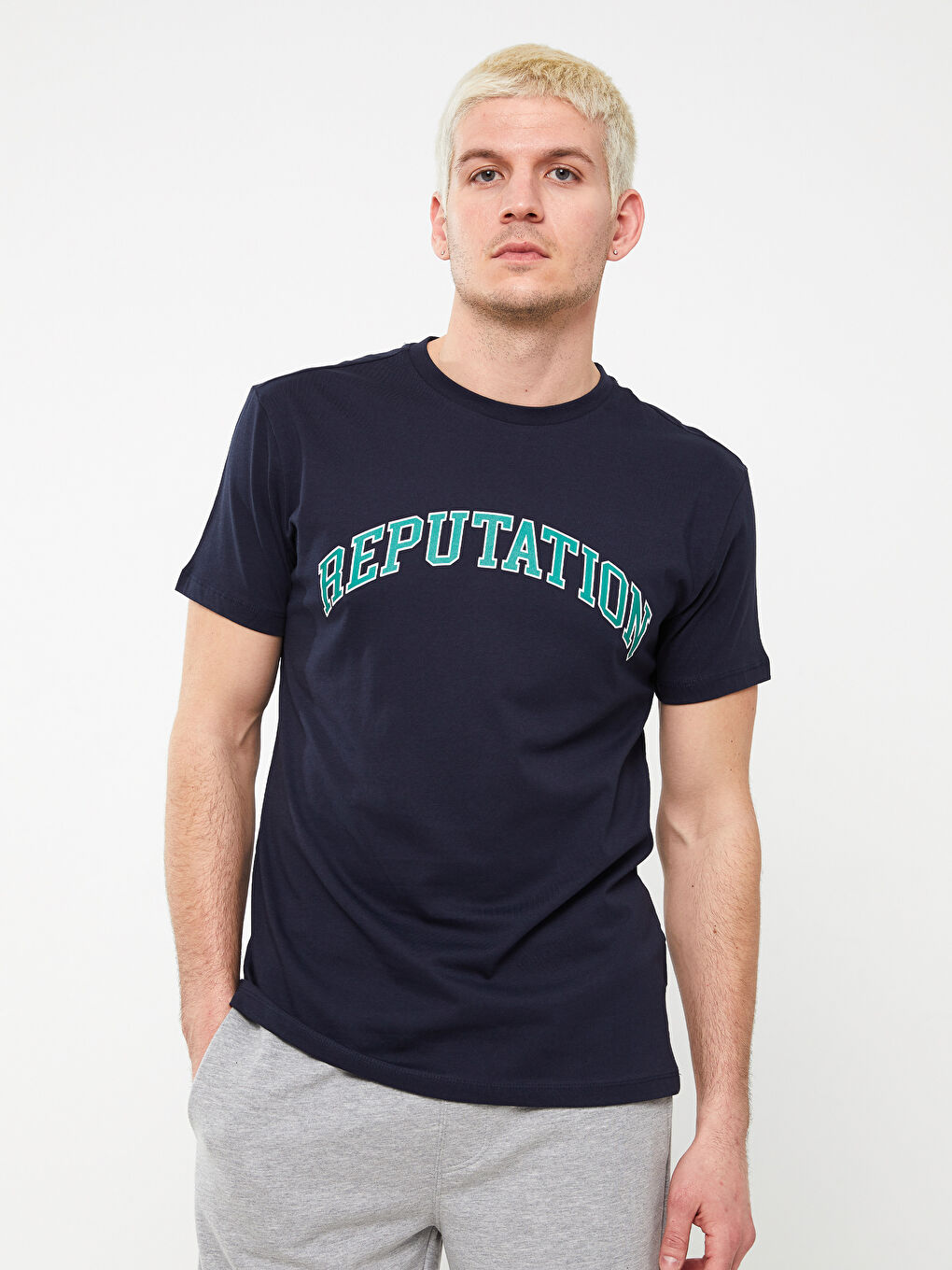 Lacivert Bisiklet Yaka Kısa Kollu Baskılı Penye Erkek Tişört-1