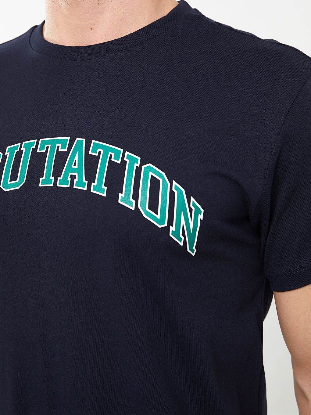 Lacivert Bisiklet Yaka Kısa Kollu Baskılı Penye Erkek Tişört-3