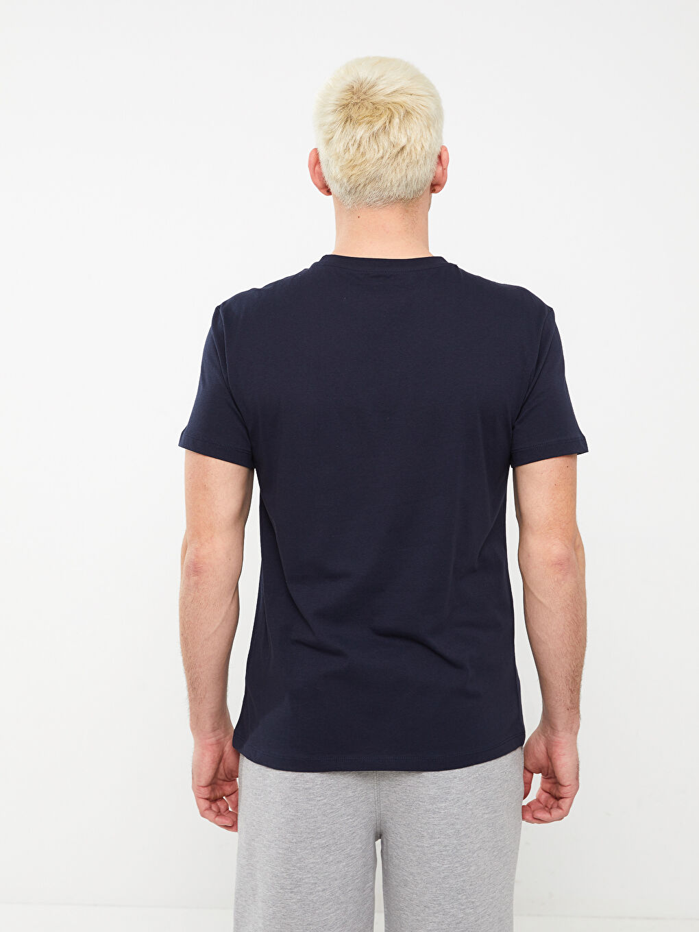 Lacivert Bisiklet Yaka Kısa Kollu Baskılı Penye Erkek Tişört-4