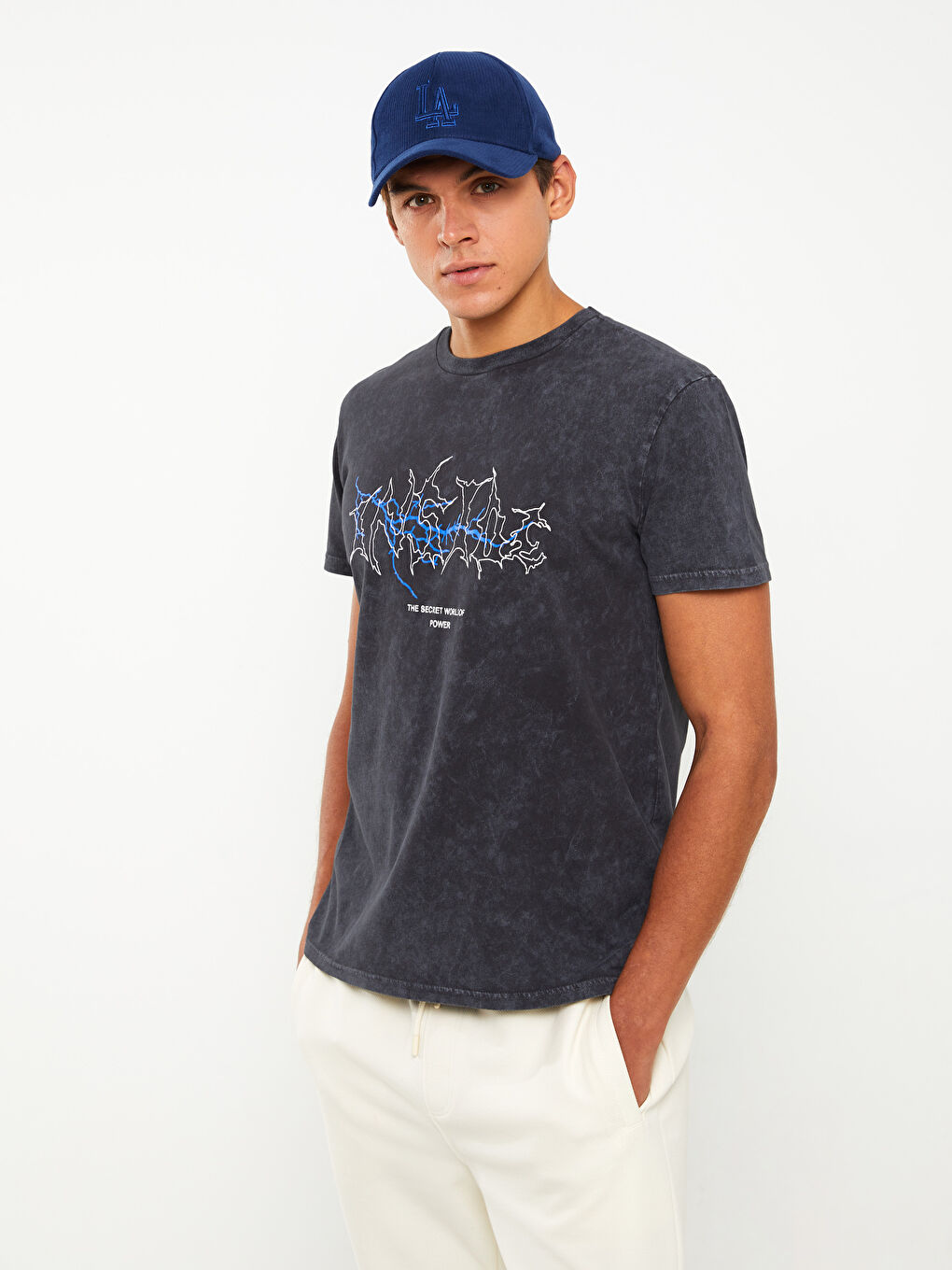 Antrasit Bisiklet Yaka Kısa Kollu Baskılı Penye Erkek Tişört