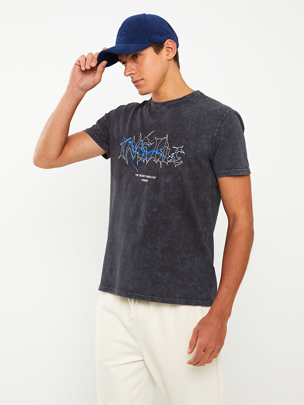 Antrasit Bisiklet Yaka Kısa Kollu Baskılı Penye Erkek Tişört-1