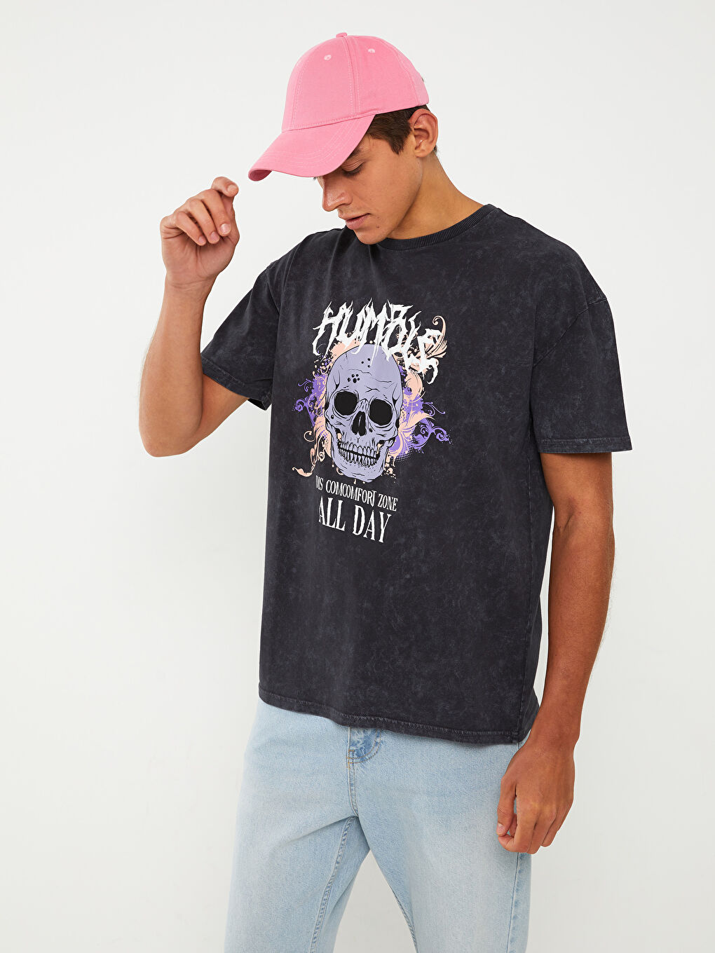 Antrasit Bisiklet Yaka Kısa Kollu Baskılı Penye Erkek Tişört