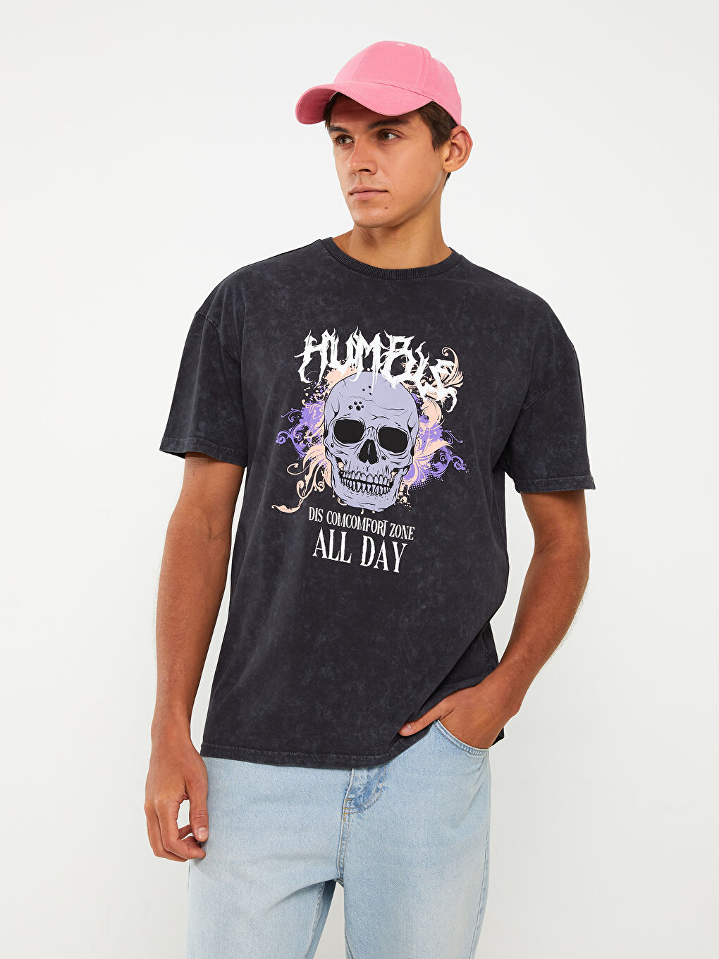 Antrasit Bisiklet Yaka Kısa Kollu Baskılı Penye Erkek Tişört-1