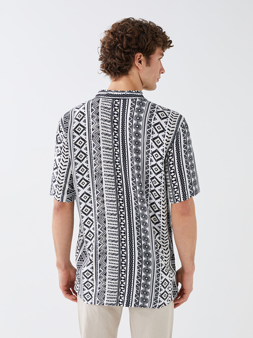 Ekru Regular Fit Kısa Kollu Desenli Erkek Gömlek-4