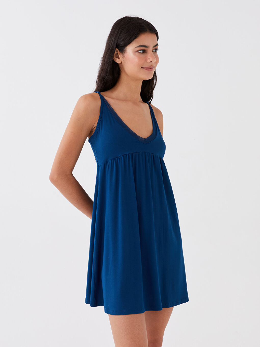 Petrol Petite V Yaka Düz Askılı Kadın Gecelik