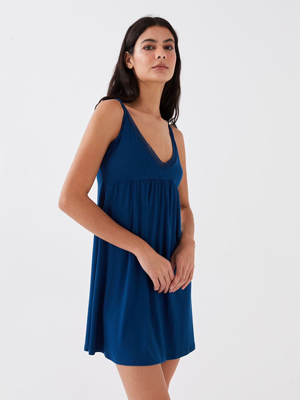 Petrol Petite V Yaka Düz Askılı Kadın Gecelik-1