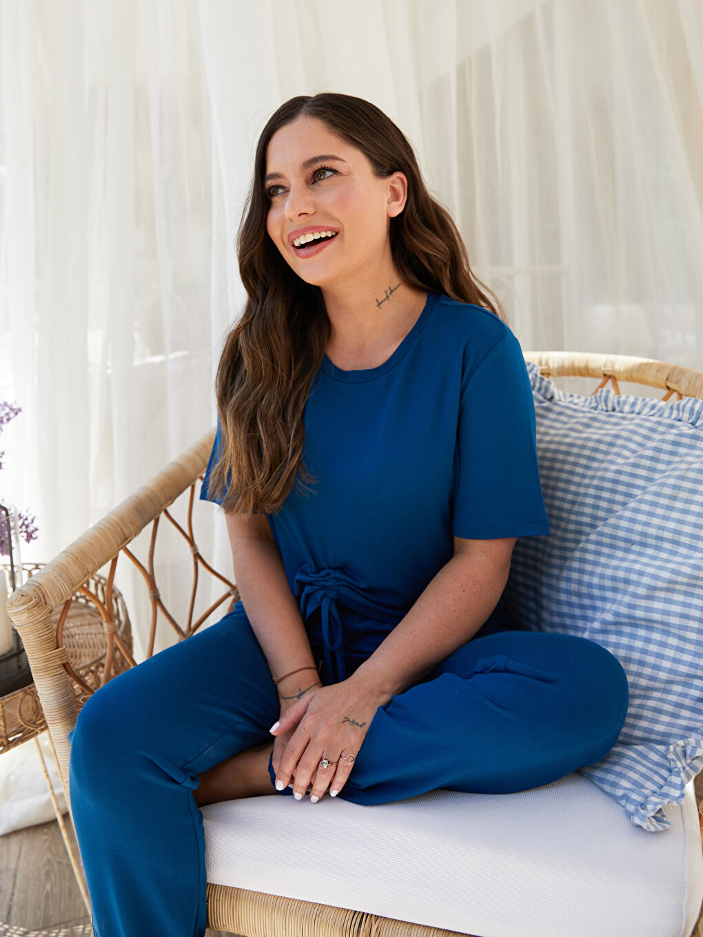 Petrol Petite Bisiklet Yaka Düz Kısa Kollu Kadın Pijama Takımı-1