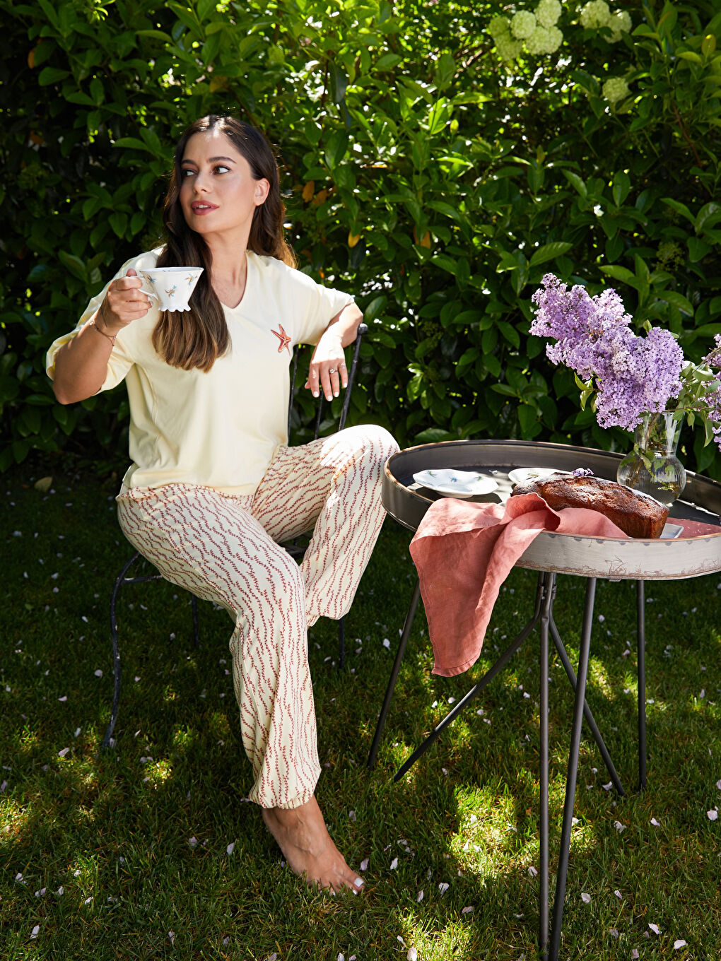 Petite V-Neck Printed Short Sleeve Women's Pajamas Set -S3FE22Z8-LRB