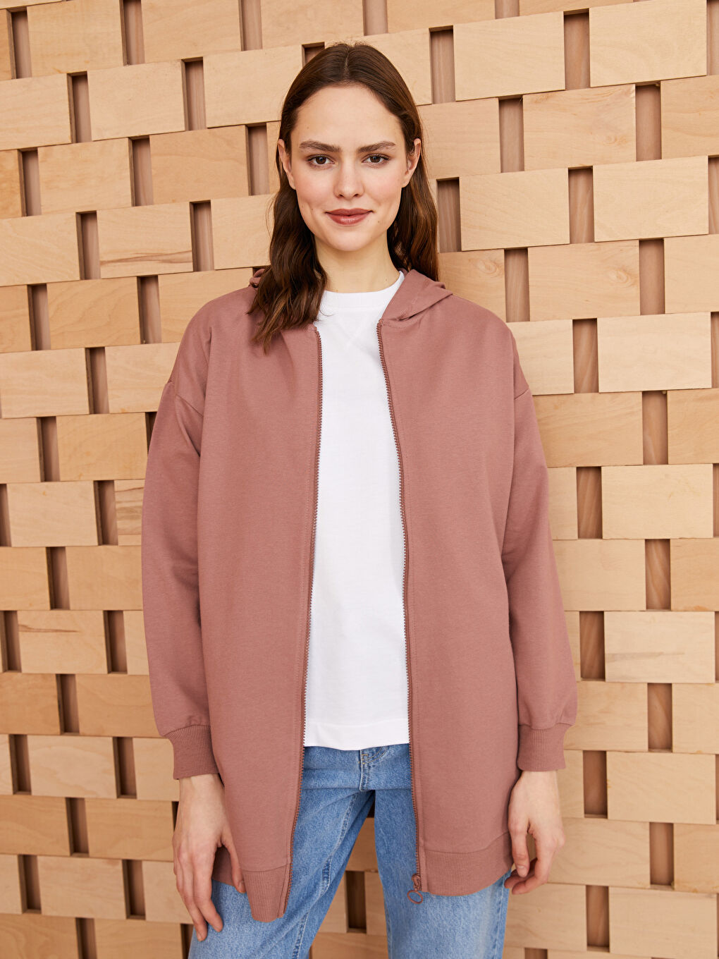 Kahverengi Kapüşonlu Düz Uzun Kollu Oversize Kadın Spor Hırka