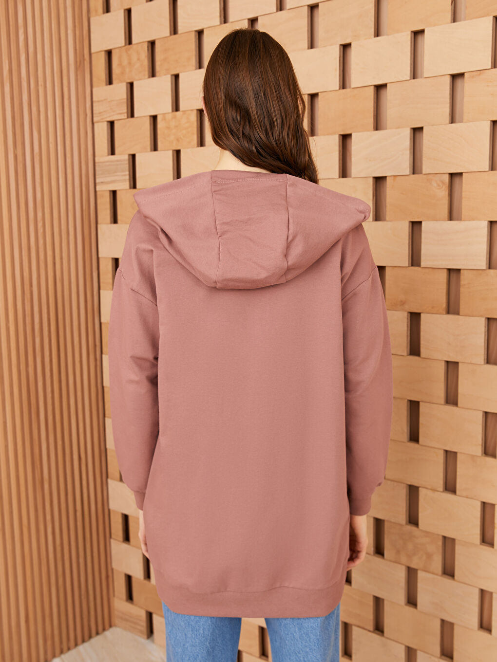 Kahverengi Kapüşonlu Düz Uzun Kollu Oversize Kadın Spor Hırka-4