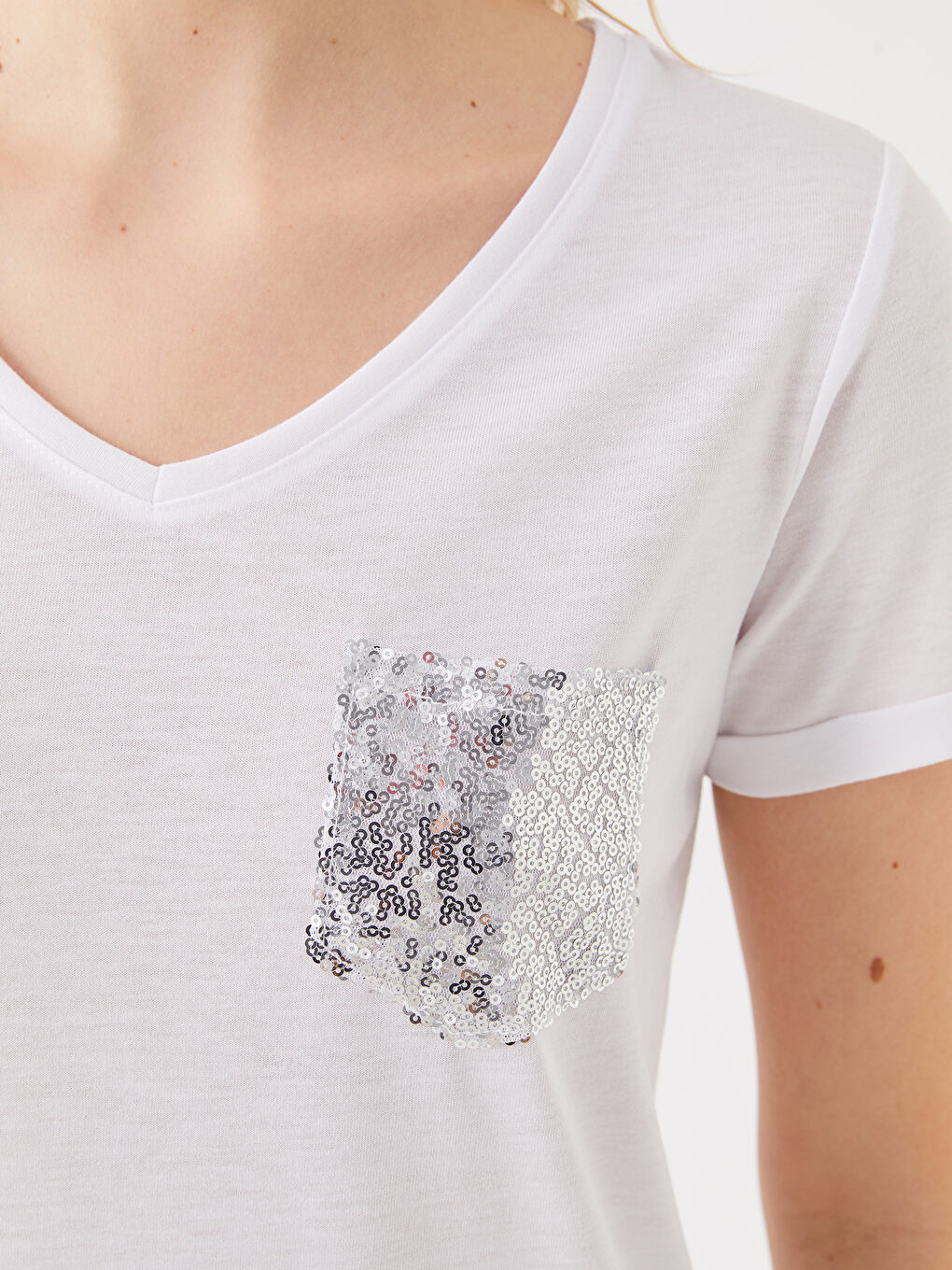 Tricou pentru Femei cu Mânecă Scurtă, Decolteu în V, Broderie cu Paiete-3