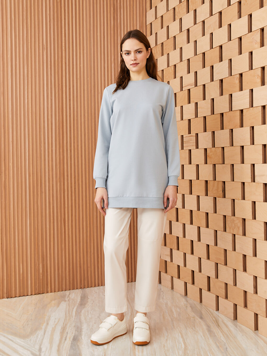 Mavi Bisiklet Yaka Düz Uzun Kollu Kadın Sweatshirt Tunik-2