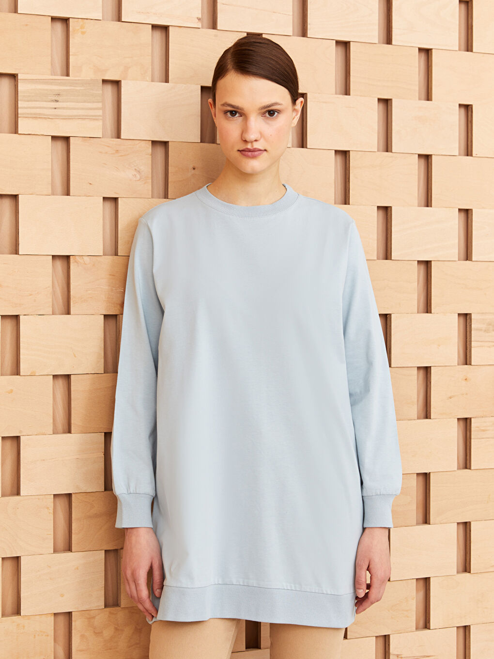 Әйелдерге арналған дөңгелек жағалы өрнексіз ұзын жең свитшот туника-1