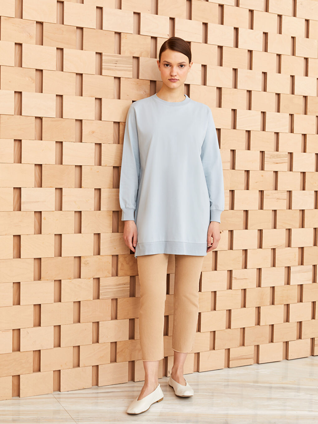 Әйелдерге арналған дөңгелек жағалы өрнексіз ұзын жең свитшот туника-2