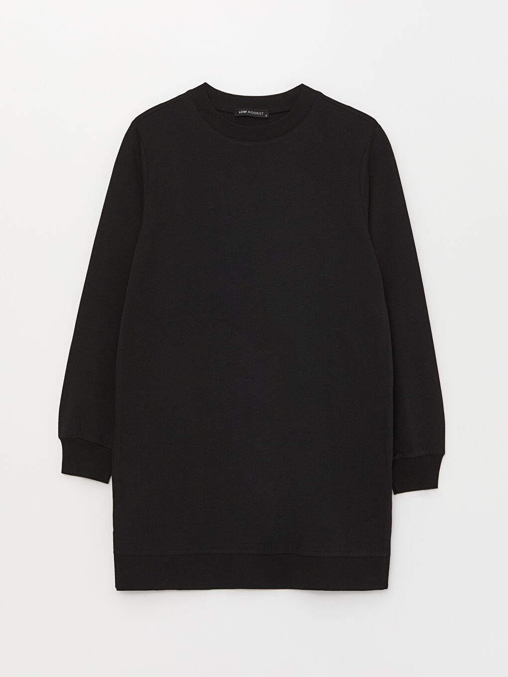 Siyah Bisiklet Yaka Düz Uzun Kollu Kadın Sweatshirt Tunik-5