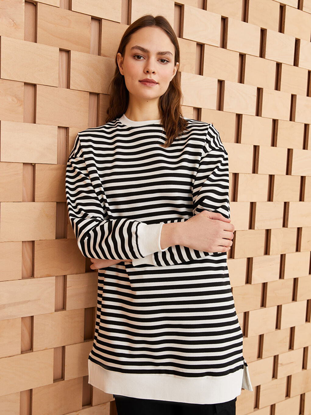 Siyah Kadın Bisiklet Yaka Çizgili Uzun Kollu Sweatshirt Tunik