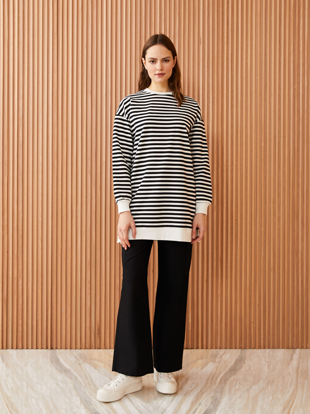 Siyah Kadın Bisiklet Yaka Çizgili Uzun Kollu Sweatshirt Tunik-2