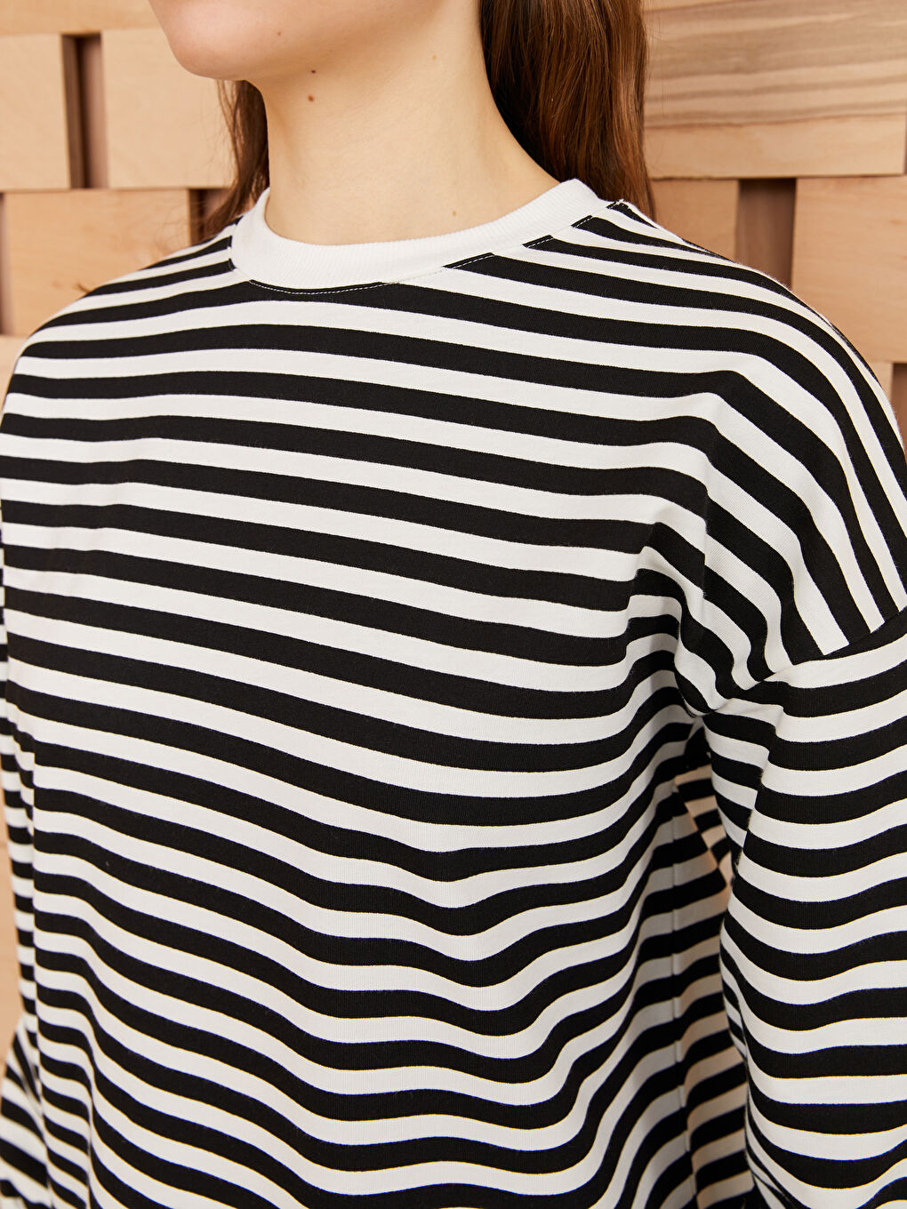 Siyah Kadın Bisiklet Yaka Çizgili Uzun Kollu Sweatshirt Tunik-3