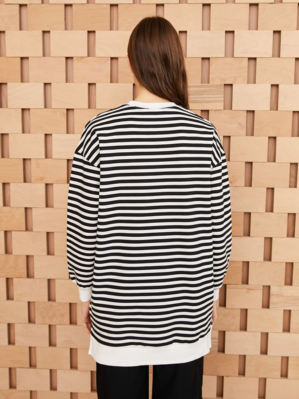 Siyah Kadın Bisiklet Yaka Çizgili Uzun Kollu Sweatshirt Tunik-4