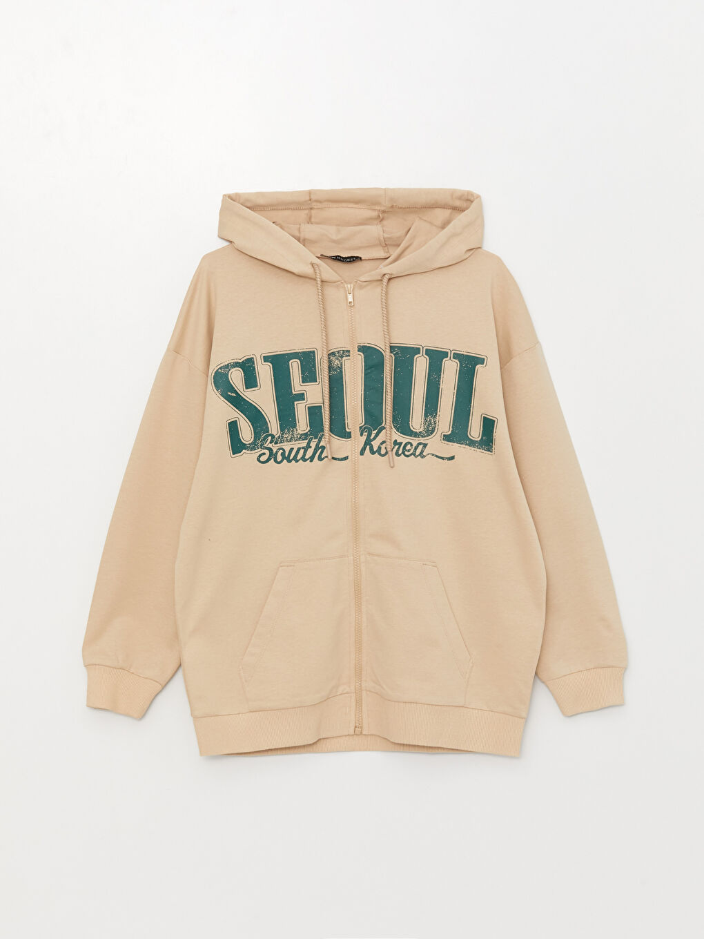 Bej Kapüşonlu Baskılı Uzun Kollu Oversize Kadın Spor Hırka-5