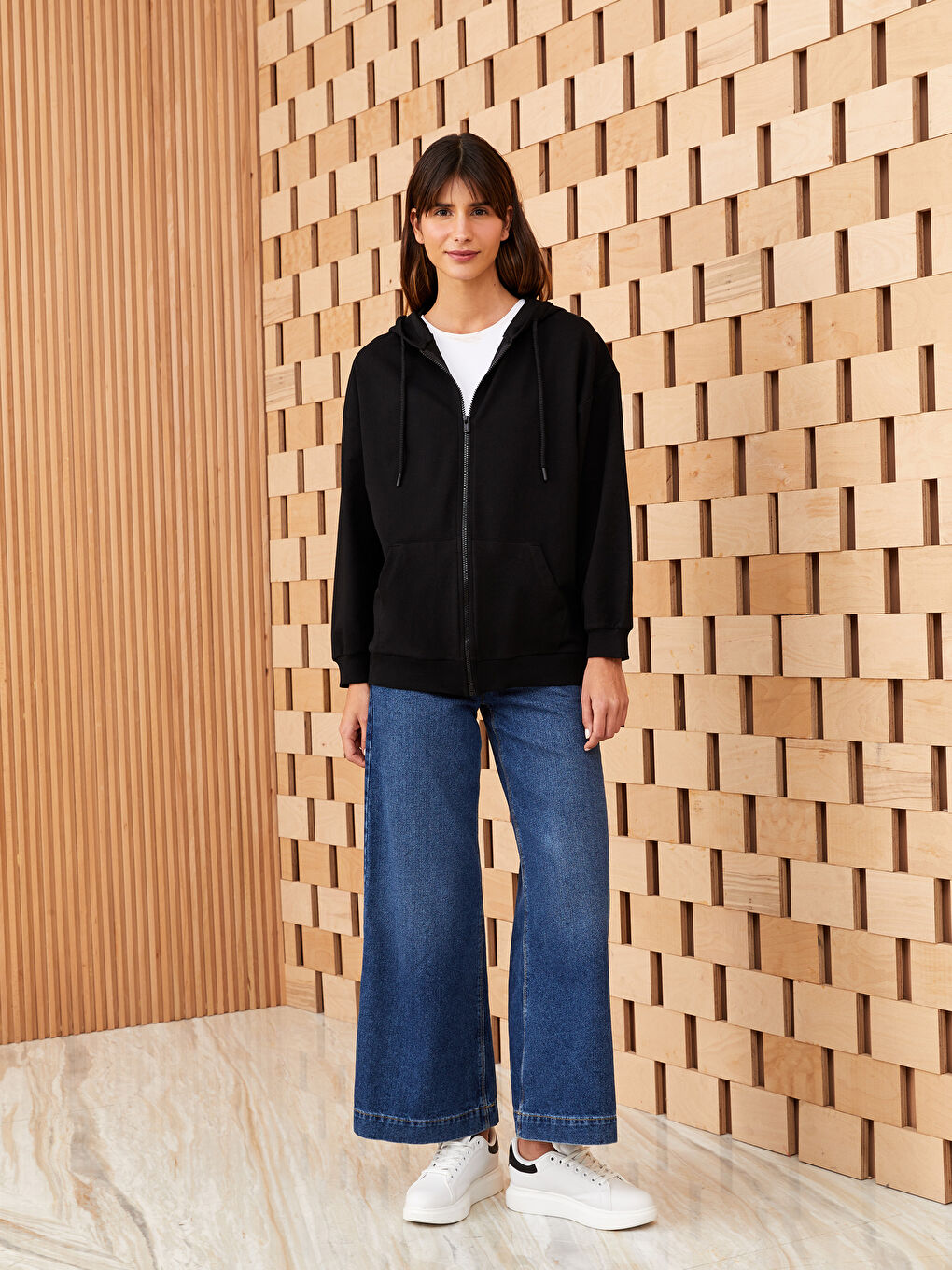 كارديجان رياضي واسع كم طويل بكابوش للسيدات-2