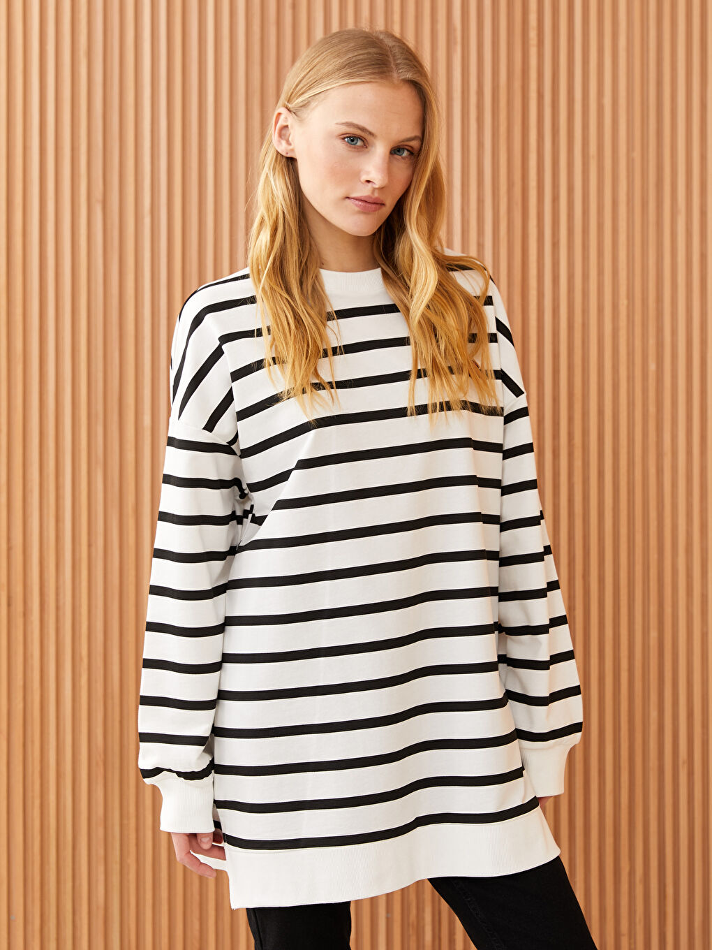 Siyah Çizgili Oversize Kadın Sweatshirt Tunik-1