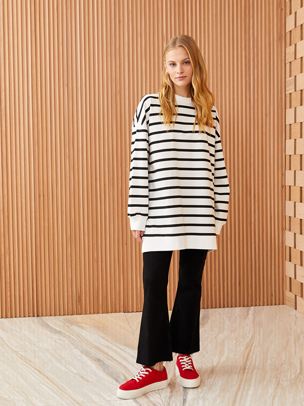 Siyah Çizgili Oversize Kadın Sweatshirt Tunik-2