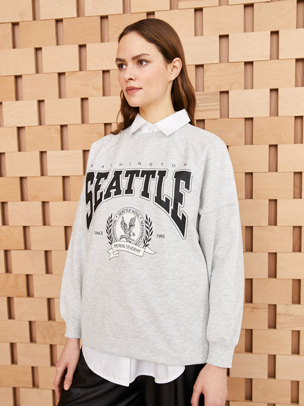 Gri Bisiklet Yaka Baskılı Uzun Kollu Oversize Kadın Sweatshirt Tunik