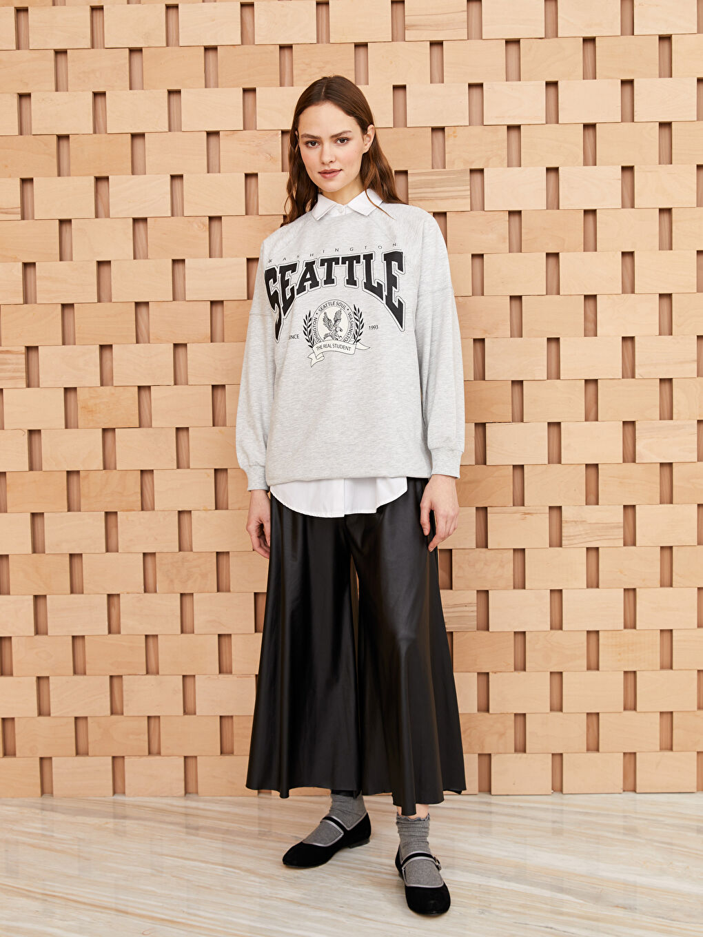 Gri Bisiklet Yaka Baskılı Uzun Kollu Oversize Kadın Sweatshirt Tunik-2