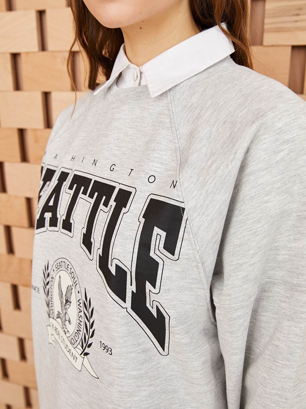 Gri Bisiklet Yaka Baskılı Uzun Kollu Oversize Kadın Sweatshirt Tunik-3