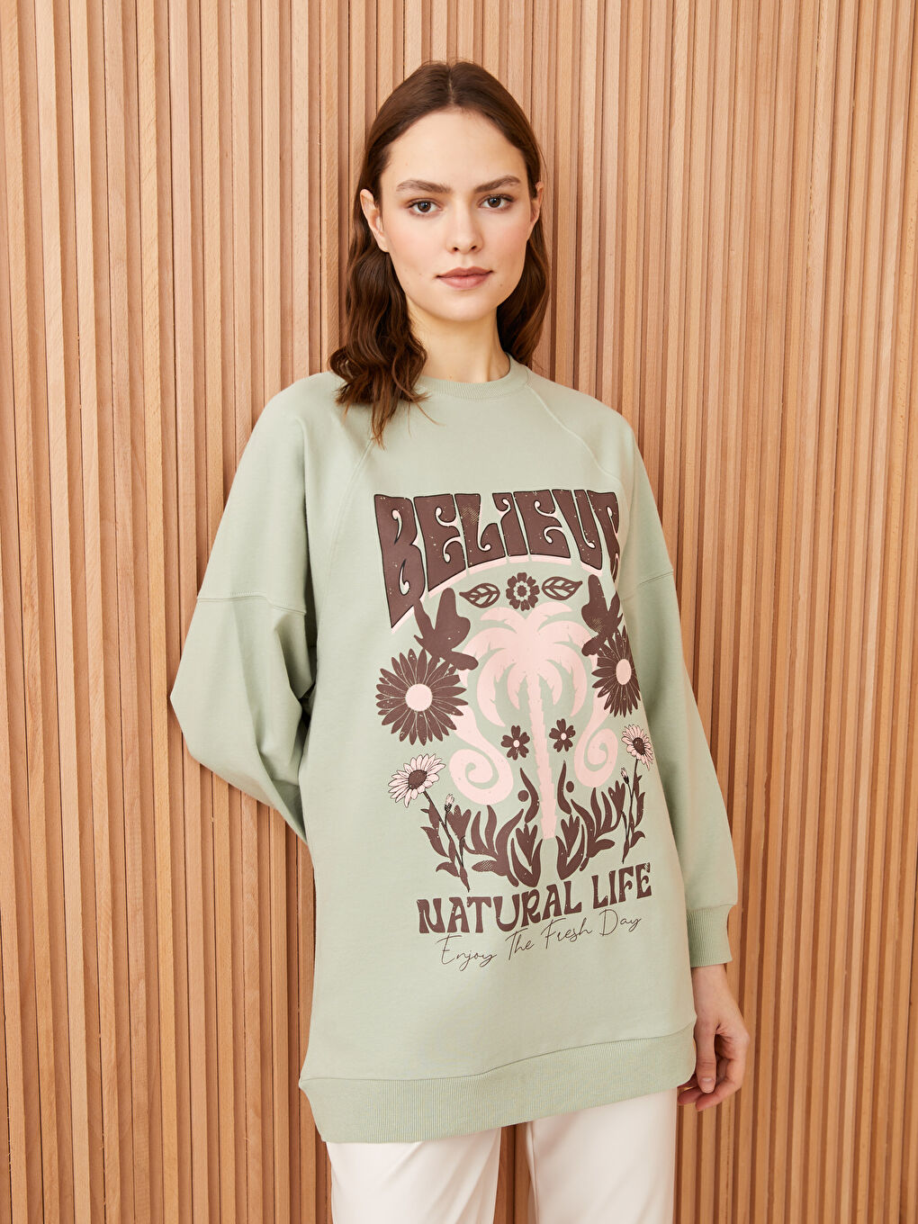 Yeşil Bisiklet Yaka Baskılı Uzun Kollu Oversize Kadın Sweatshirt Tunik-1