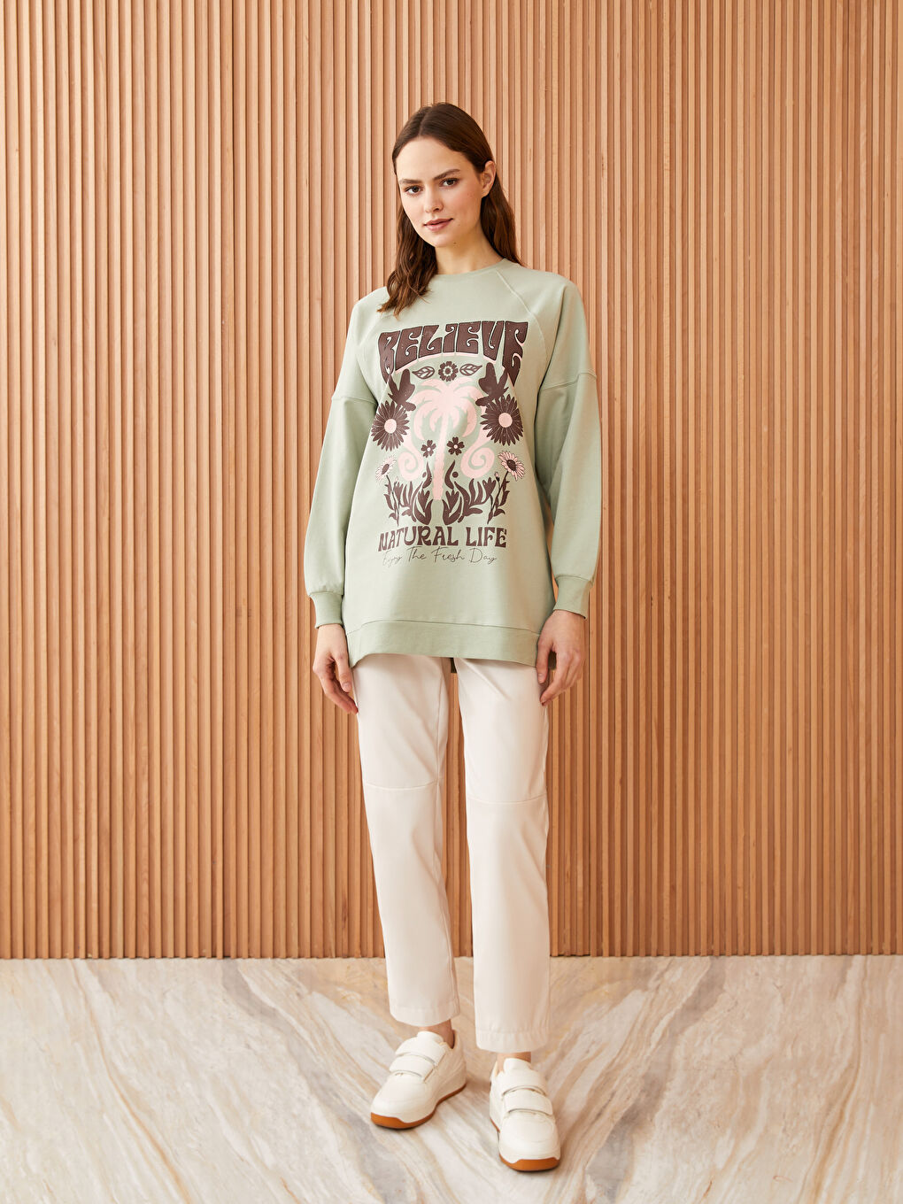 Yeşil Bisiklet Yaka Baskılı Uzun Kollu Oversize Kadın Sweatshirt Tunik-2