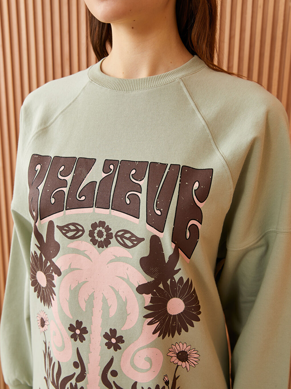 Yeşil Bisiklet Yaka Baskılı Uzun Kollu Oversize Kadın Sweatshirt Tunik-3