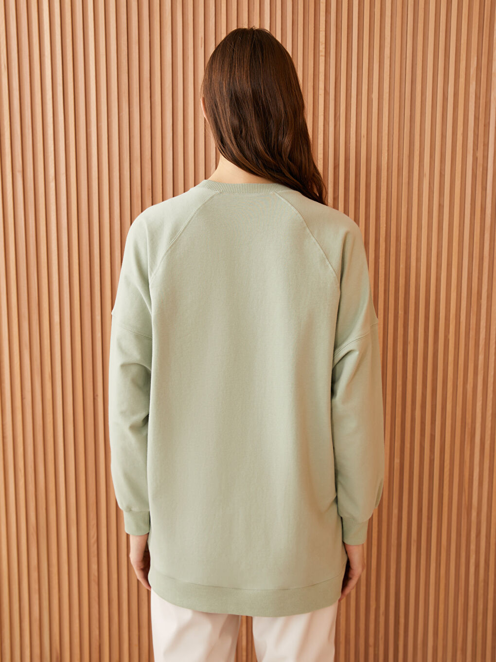 Yeşil Bisiklet Yaka Baskılı Uzun Kollu Oversize Kadın Sweatshirt Tunik-4