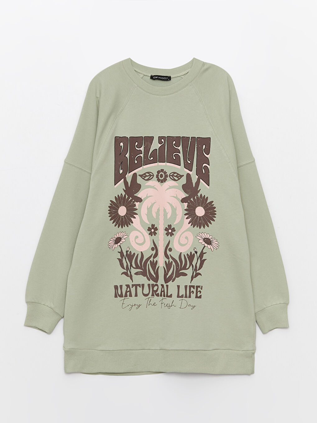 Yeşil Bisiklet Yaka Baskılı Uzun Kollu Oversize Kadın Sweatshirt Tunik-5