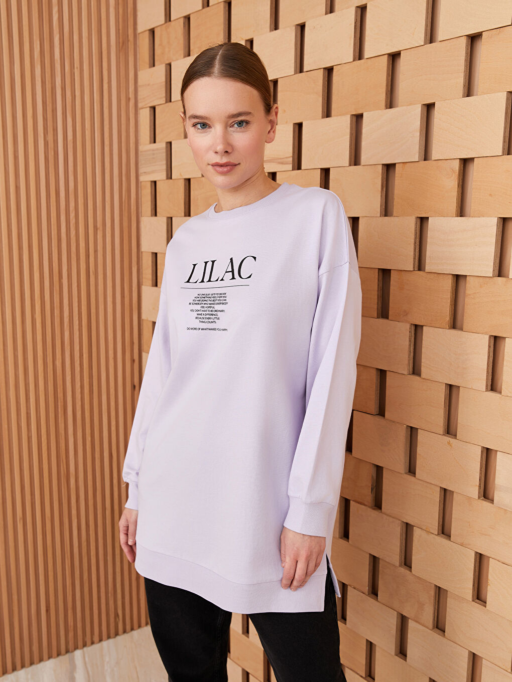 Lila Bisiklet Yaka Baskılı Uzun Kollu Kadın Sweatshirt Tunik-1