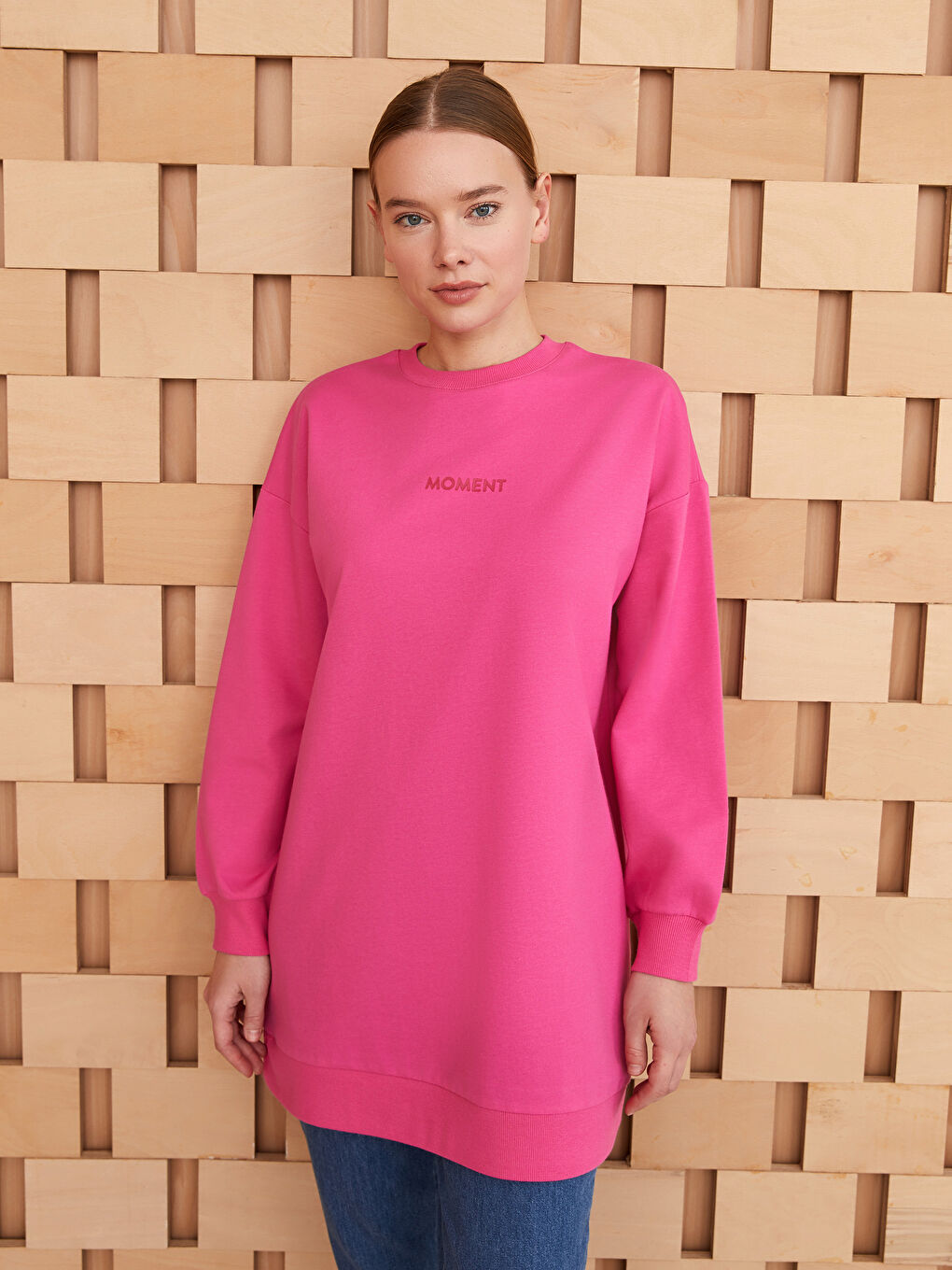 Fuşya Bisiklet Yaka Baskılı Uzun Kollu Oversize Kadın Sweatshirt Tunik