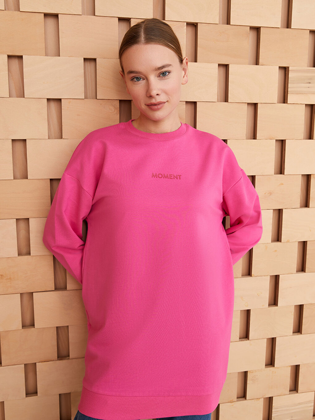 Fuşya Bisiklet Yaka Baskılı Uzun Kollu Oversize Kadın Sweatshirt Tunik-1