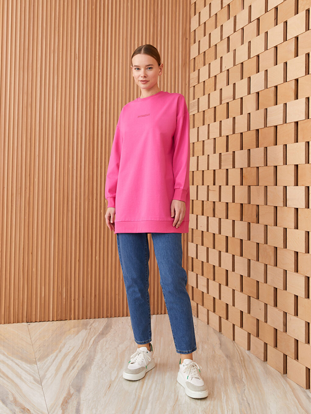 Fuşya Bisiklet Yaka Baskılı Uzun Kollu Oversize Kadın Sweatshirt Tunik-2