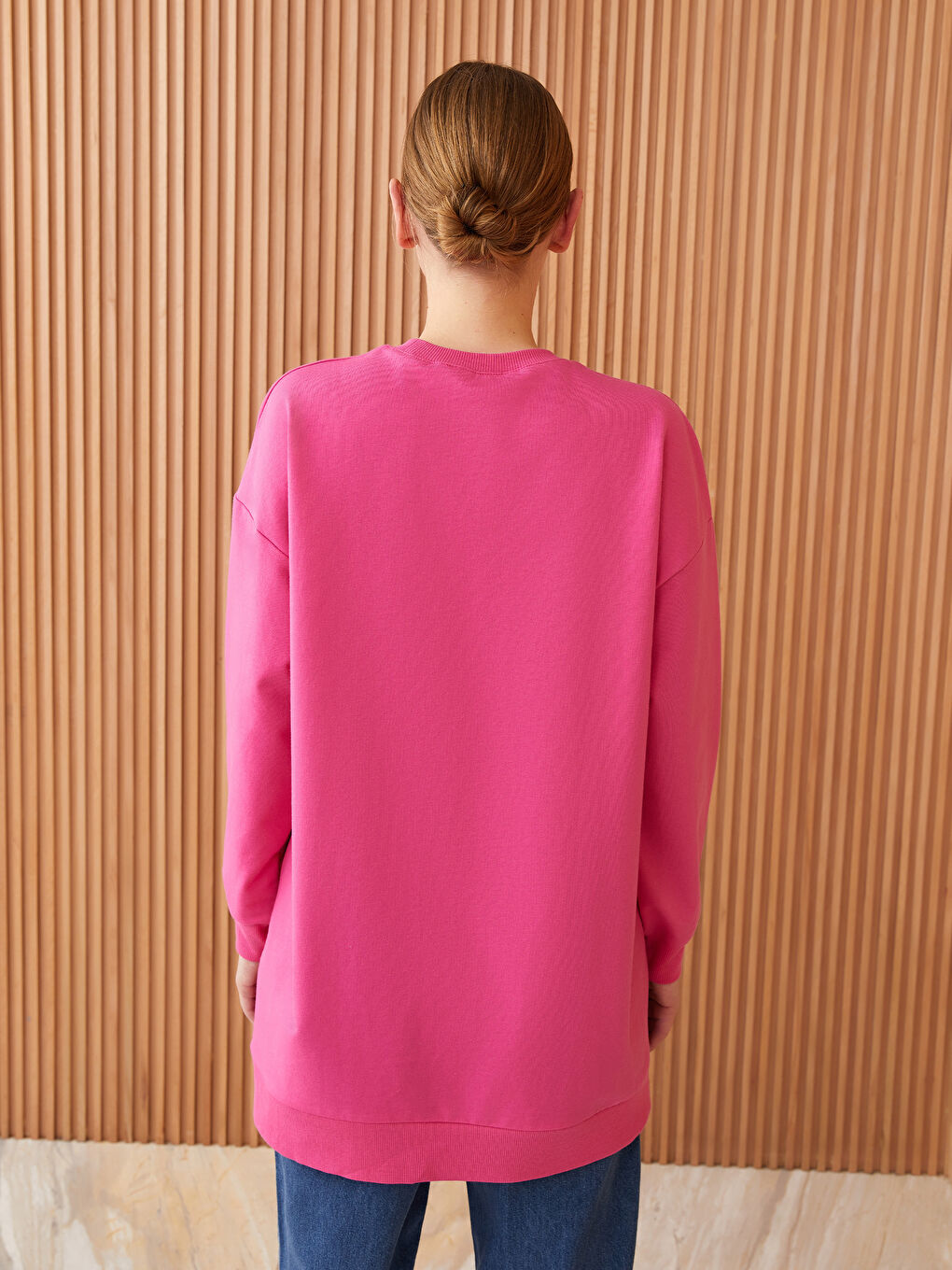 Fuşya Bisiklet Yaka Baskılı Uzun Kollu Oversize Kadın Sweatshirt Tunik-4