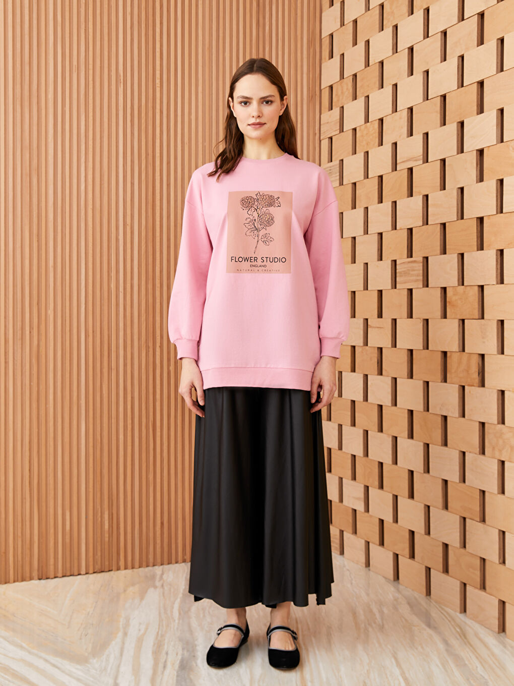 Pembe Kadın Bisiklet Yaka Baskılı Uzun Kollu Sweatshirt Tunik-2