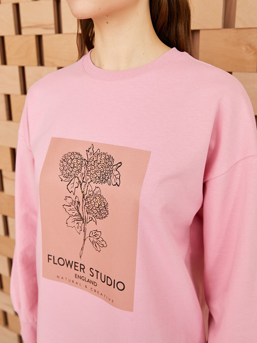 Pembe Kadın Bisiklet Yaka Baskılı Uzun Kollu Sweatshirt Tunik-3