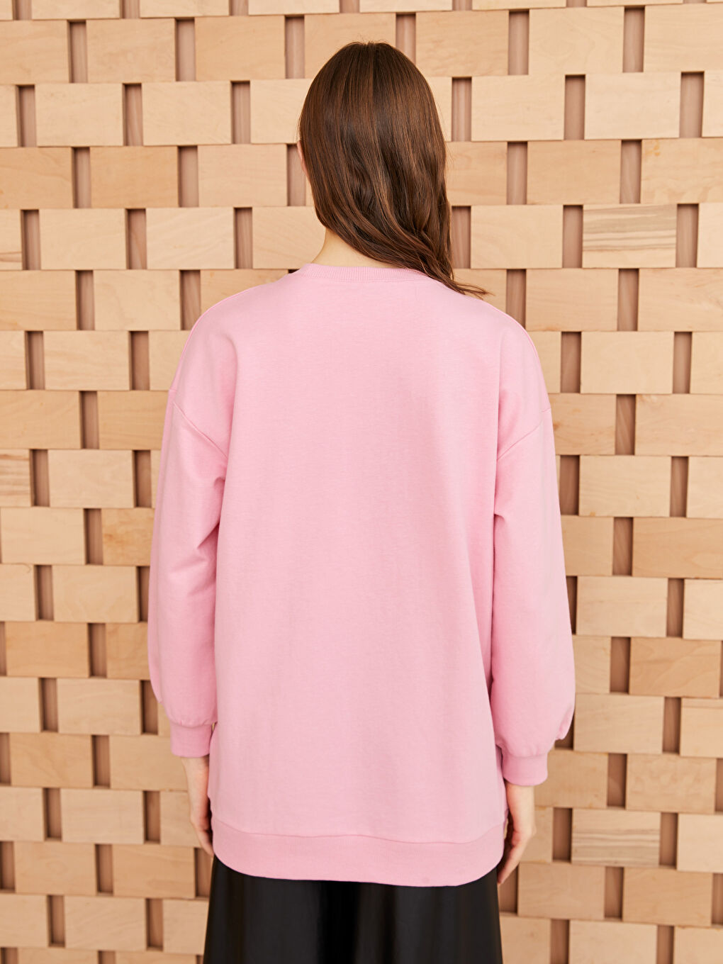 Pembe Kadın Bisiklet Yaka Baskılı Uzun Kollu Sweatshirt Tunik-4