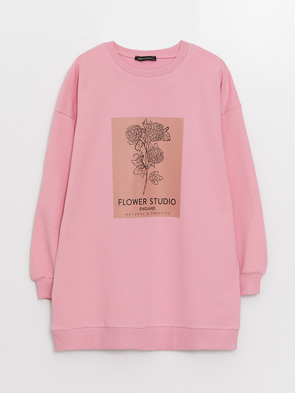Pembe Kadın Bisiklet Yaka Baskılı Uzun Kollu Sweatshirt Tunik-5