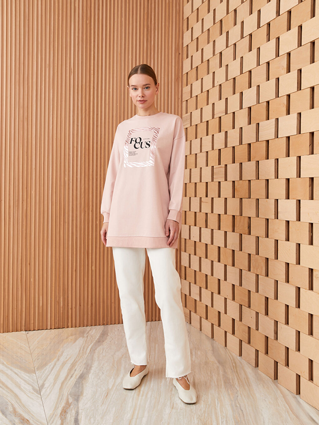 Pembe Bisiklet Yaka Baskılı Uzun Kollu Oversize Kadın Sweatshirt Tunik-2